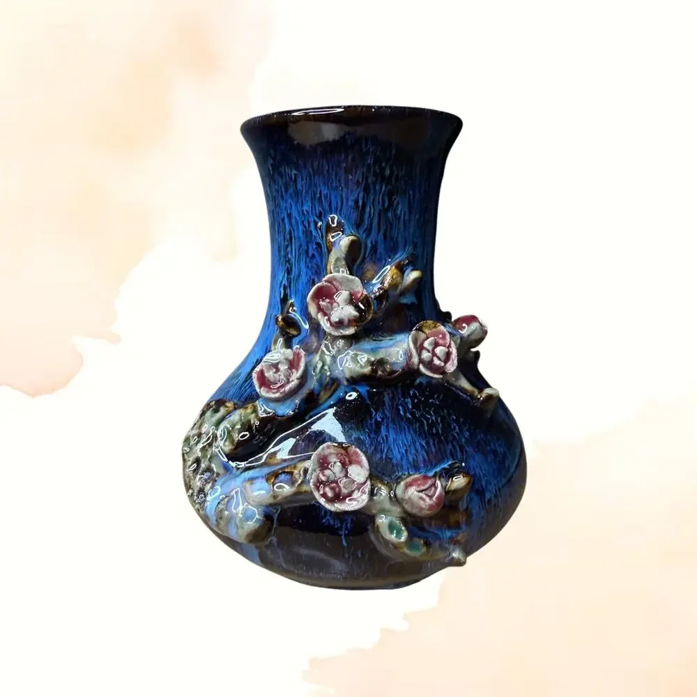 Vintage Signed Blue Drip Glaze Pottery Vase Applied Cherry Blossoms MCM 7